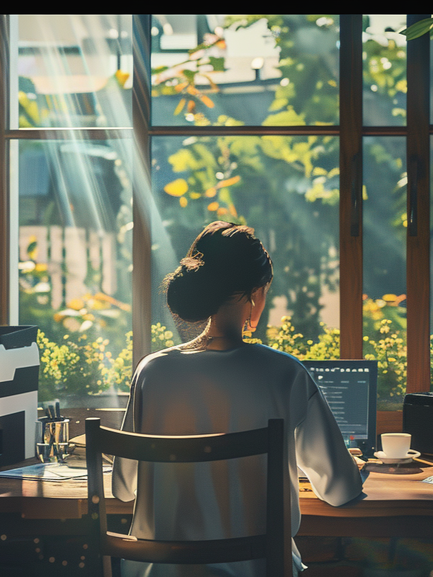 Un bureau à domicile confortable, rempli de gadgets modernes qui automatisent les tâches, une grande fenêtre montrant un jardin paisible à l'extérieur, et une personne détendue dégustant une tasse de café. (Généré avec @Midjourney)