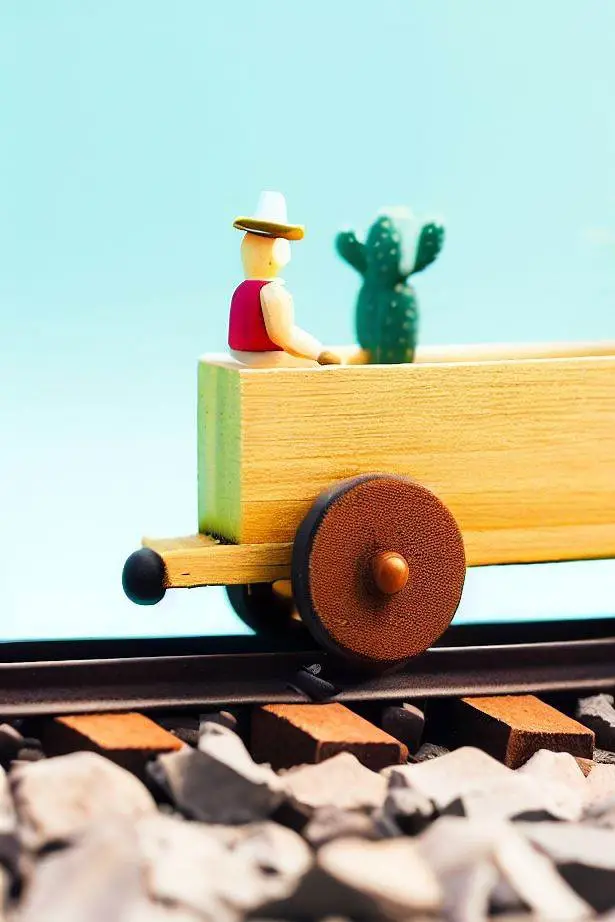 A cactus and a wooden statuette in a wooden wagon (Generated with @dall-e)