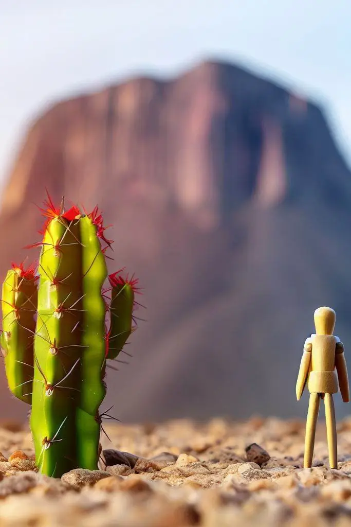 A cactus and a wooden statuette in front of a large mountain (Generated with @dall-e)